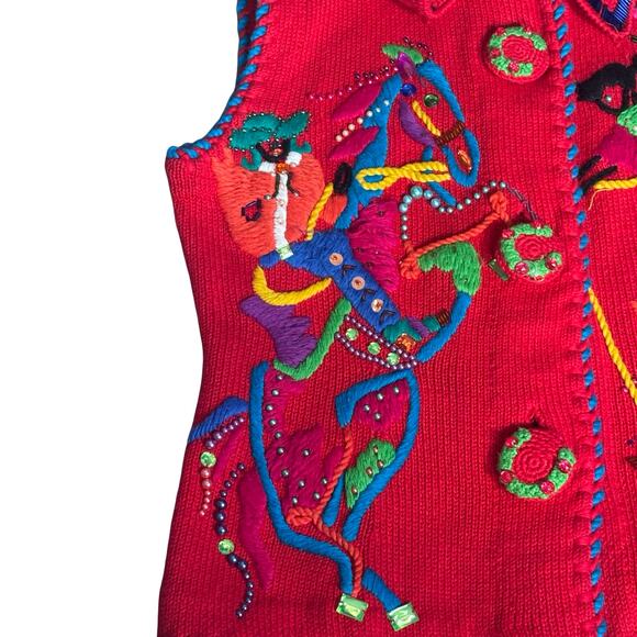 Michael Simon Bright Cherry Red Sleeveless Embroidered Cardigan Beaded Horse - Picture 13 of 16